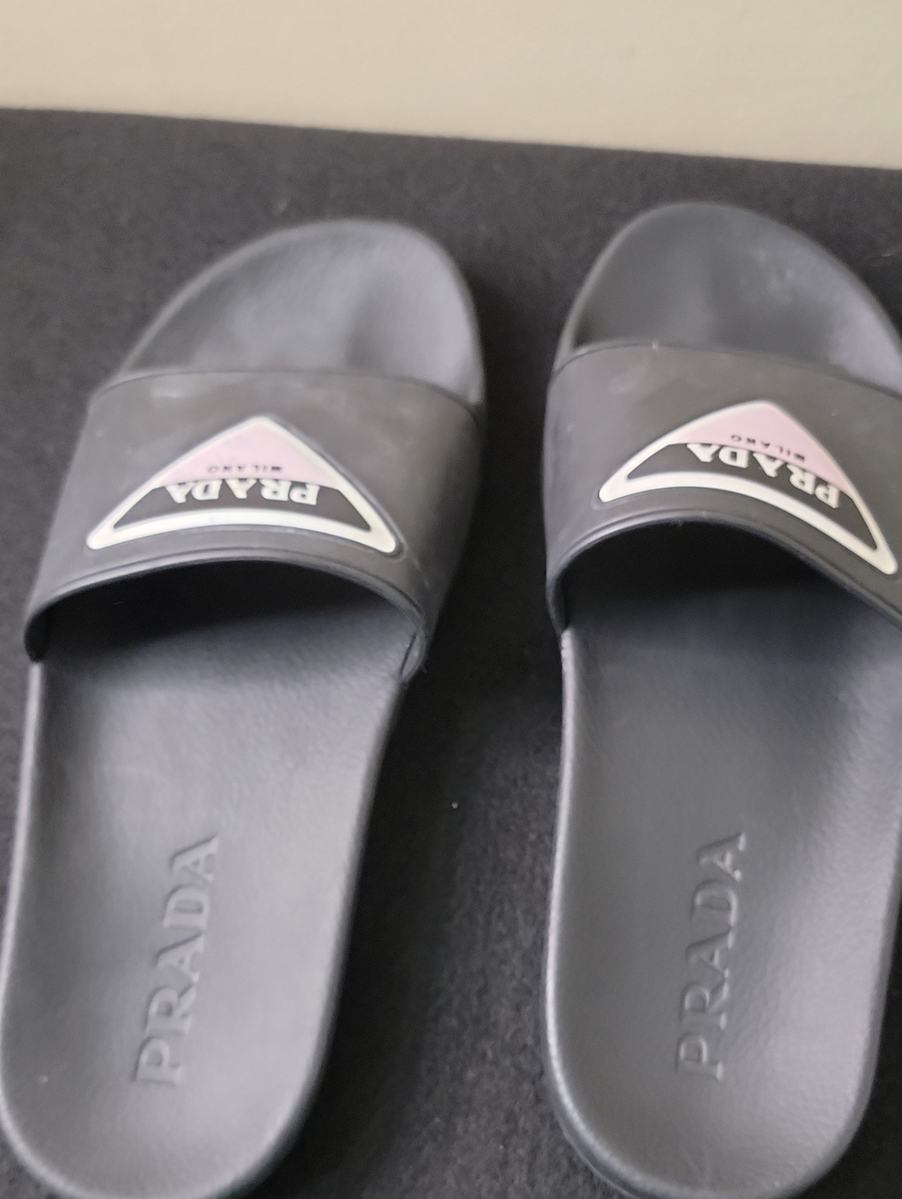 Prada Black Slides with Pink Logo Triangle